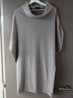 EMU Australia 100% Merino Wool Cowl Neck Batwing Knit Sweater Dress Taupe Medium